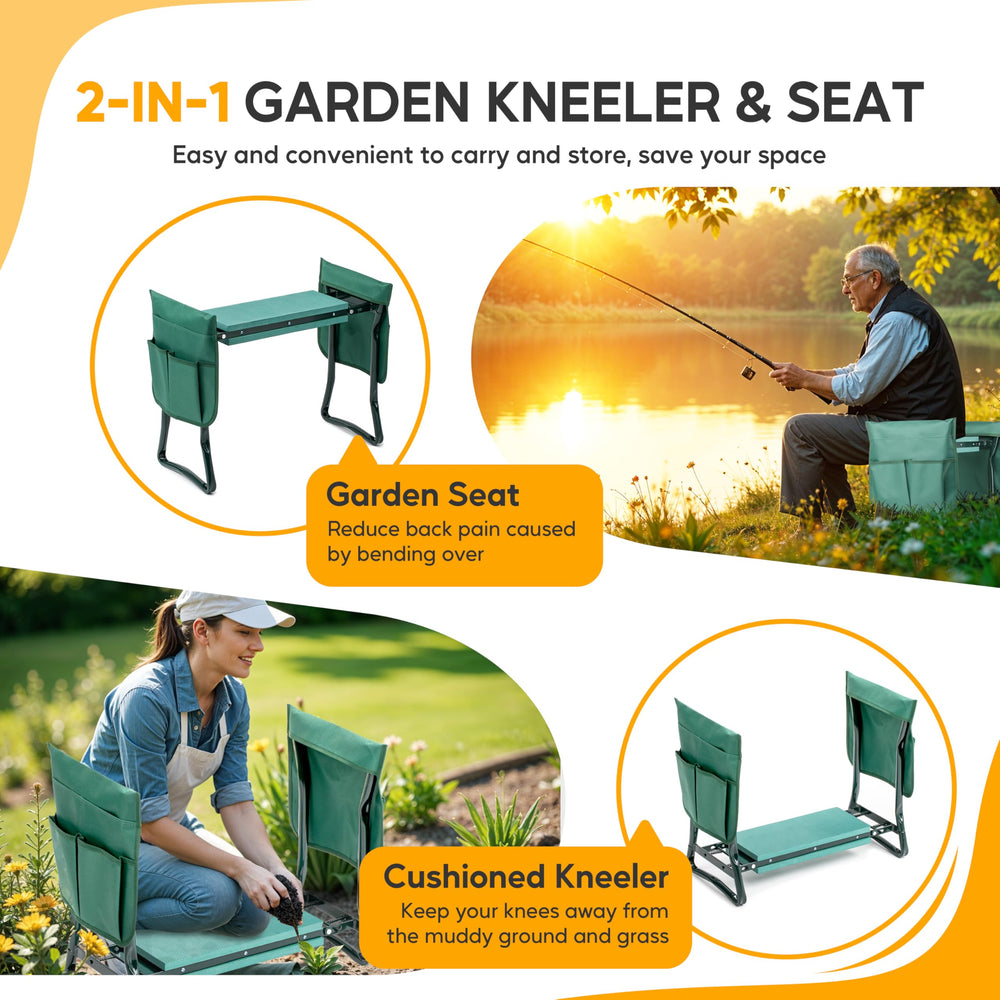 Simple Deluxe persona arrodillada en jardín usando el rodillero, protección de rodillas