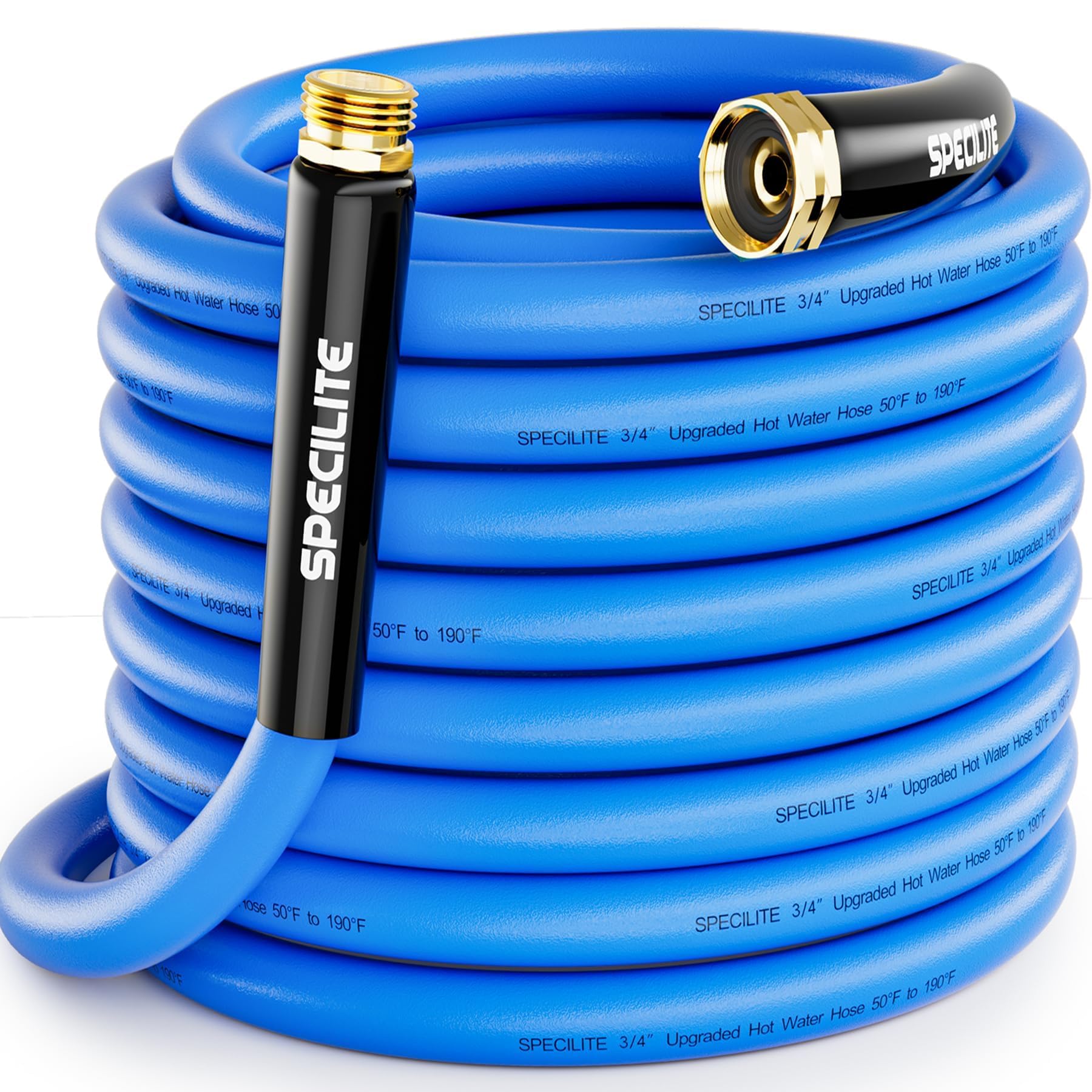 SPECILITE manguera frontal azul mostrando longitud de 50 ft y forma robusta