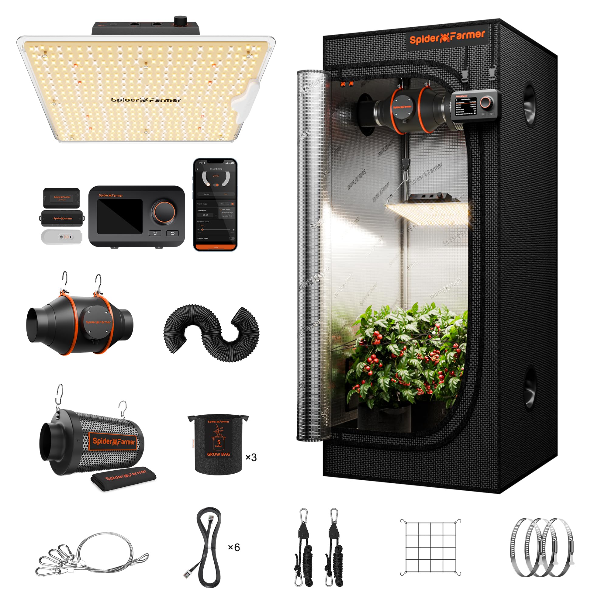 Spider Farmer vista frontal del kit de carpa con todo incluido, montaje rápido y ahorro