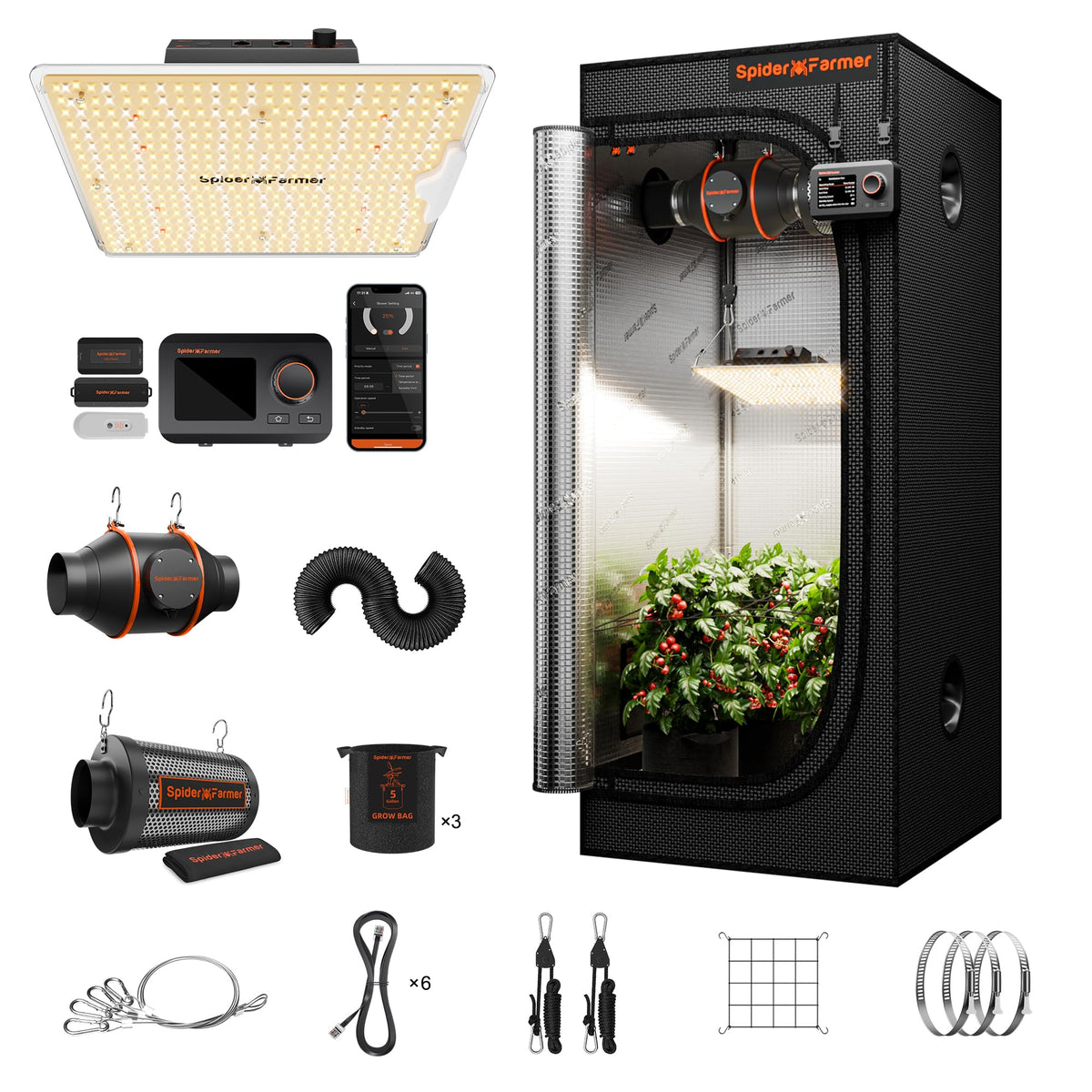 Spider Farmer vista frontal del kit de carpa con todo incluido, montaje rápido y ahorro