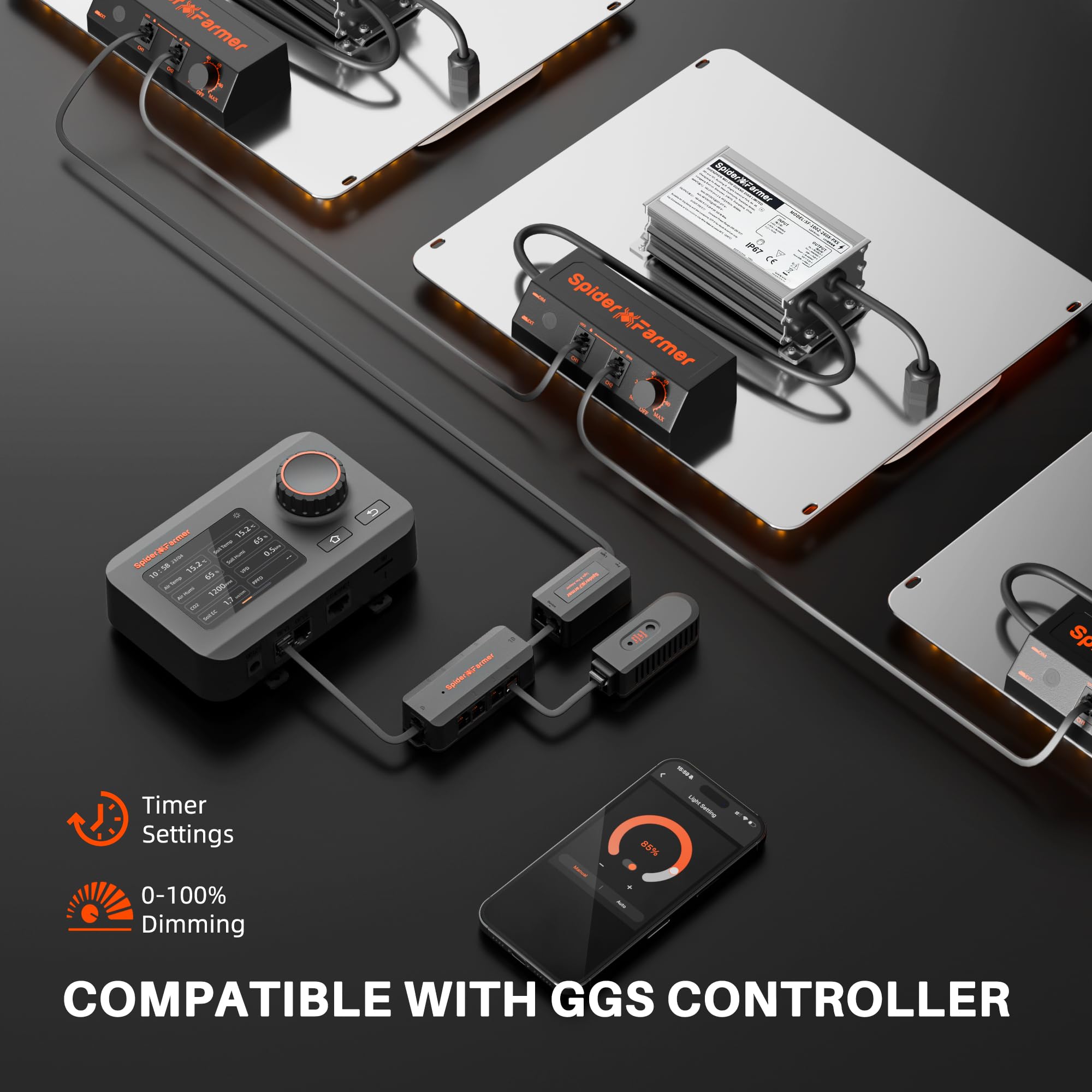 Spider Farmer control dimmer y cableado con protectores para ajuste de intensidad