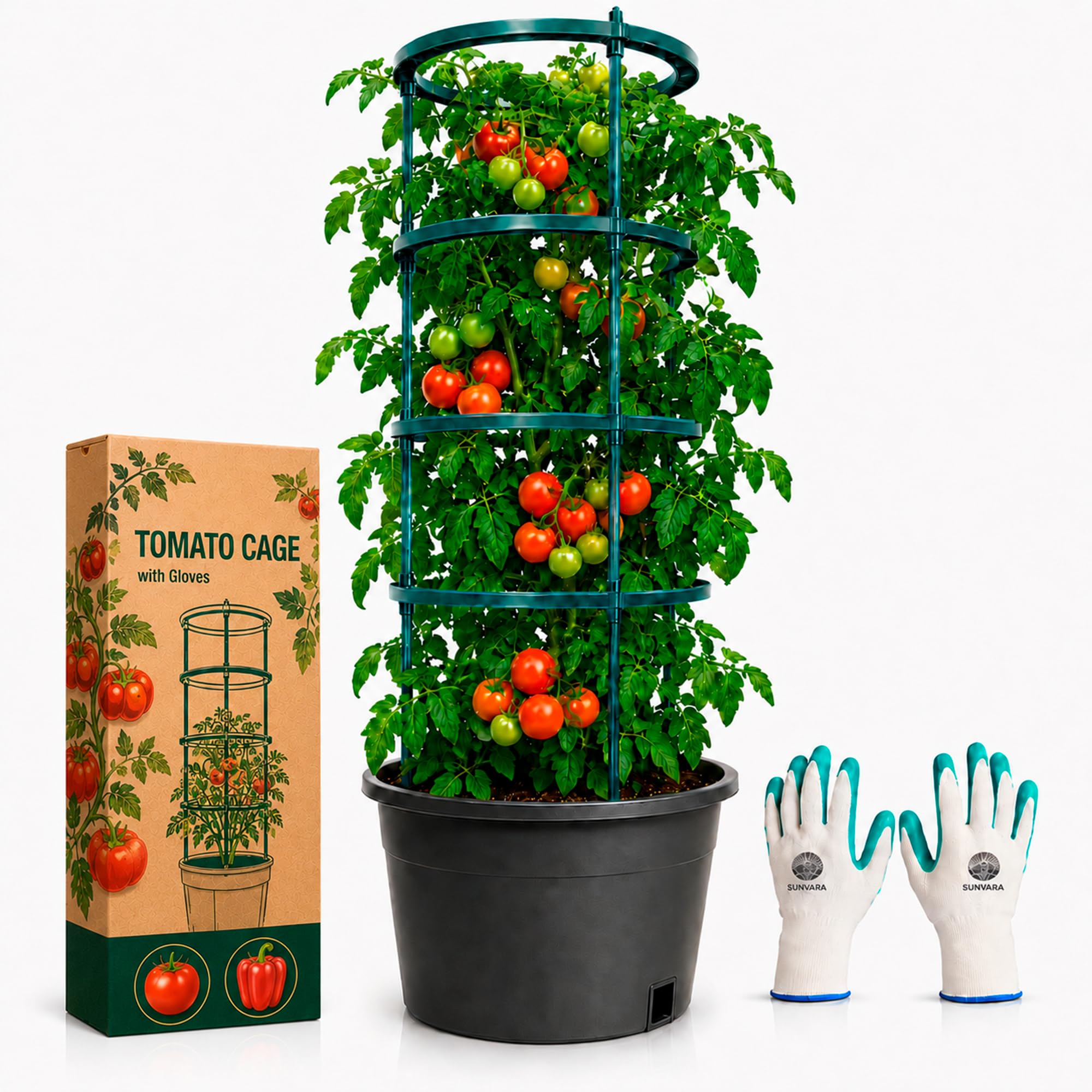 SunVara empaque frontal mostrando la jaula para tomate y facilidad de uso
