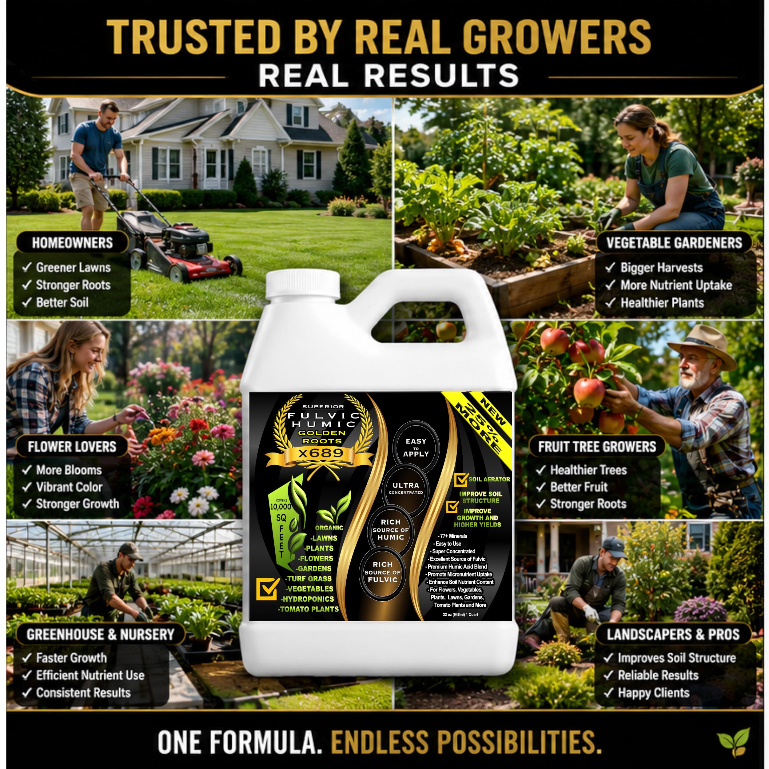 SUPERIOR FULVIC HUMIC X935 botella en mano mostrando tamaño y rendimiento