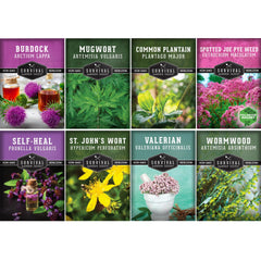 SURVIVAL GARDEN SEEDS paquete frontal mostrando variedad de semillas y beneficio de identificación rápida