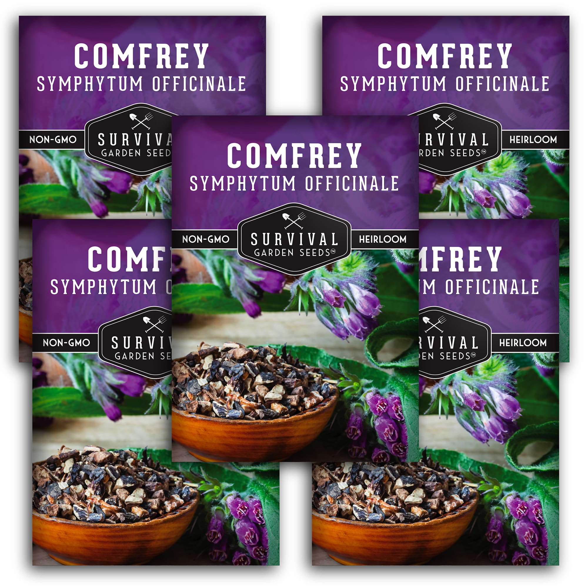 SURVIVAL GARDEN SEEDS empaque frontal de semillas de consuelda mostrando presentación