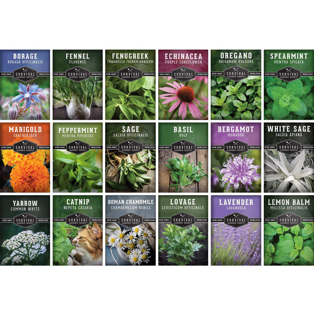 SURVIVAL GARDEN SEEDS empaque frontal mostrando 18 variedades y beneficios