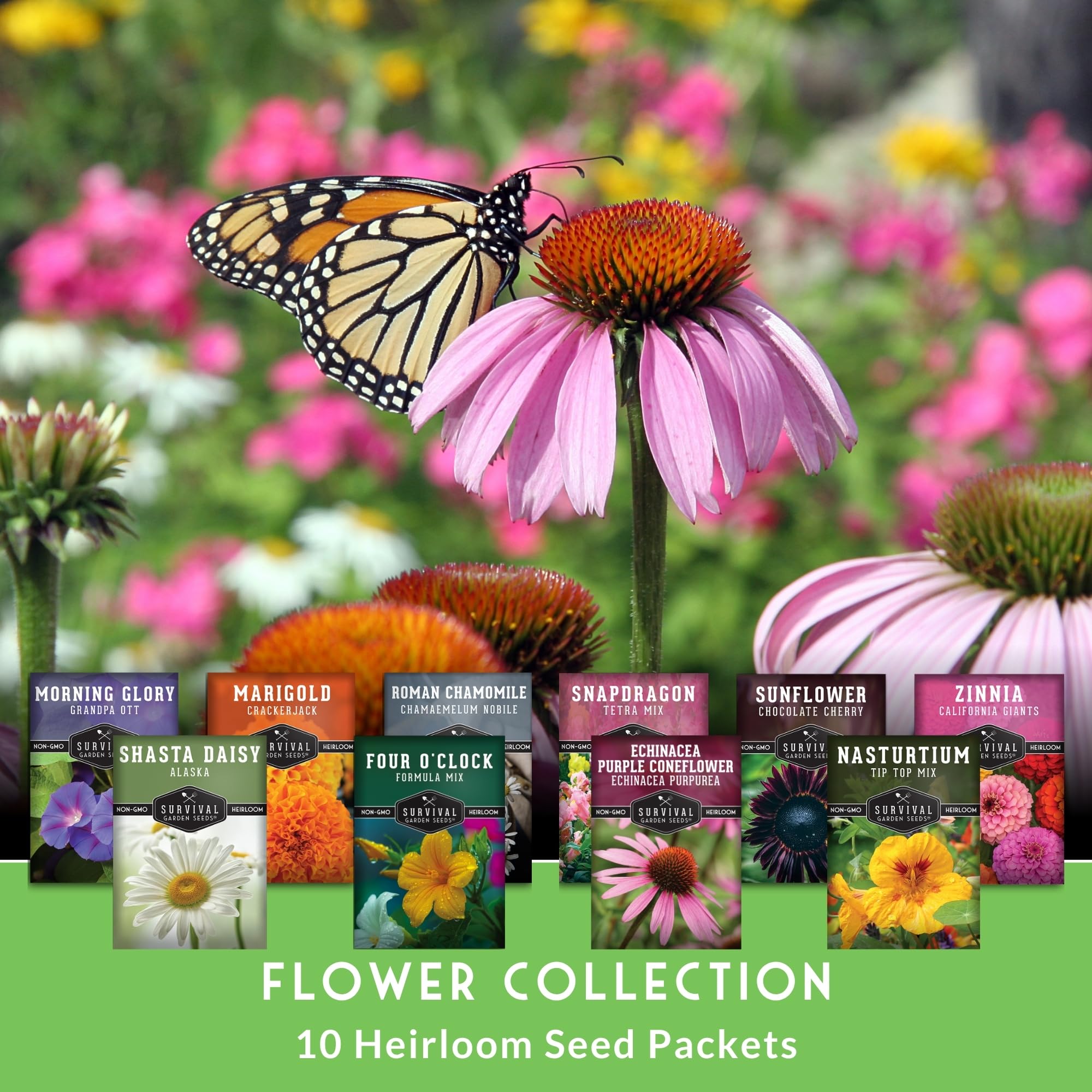 Survival Garden Seeds floración en jardín que atrae polinizadores y color continuo