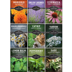 SURVIVAL GARDEN SEEDS empaque frontal con nueve variedades, ideal para iniciar un huerto de tés