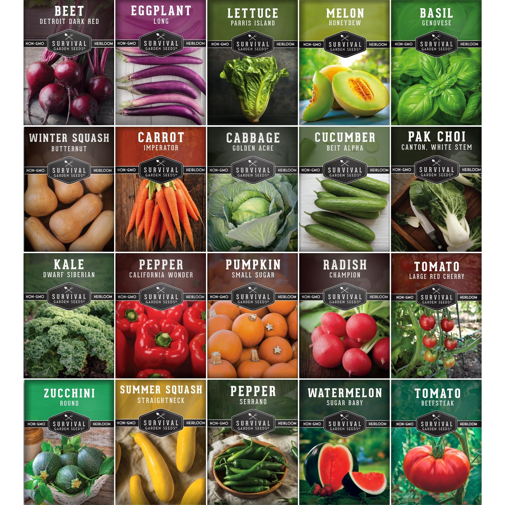 SURVIVAL GARDEN SEEDS paquete frontal mostrando variedad y conveniencia