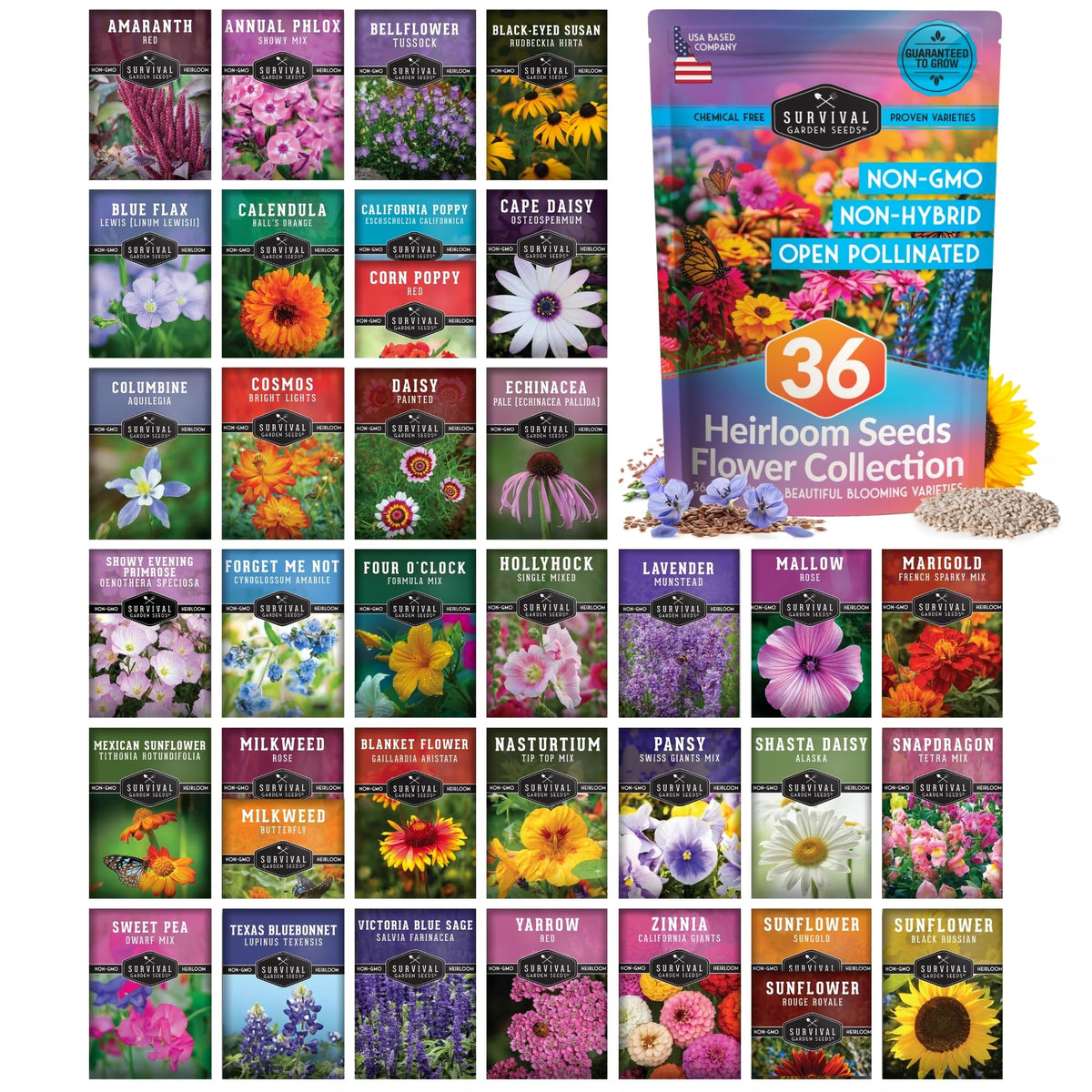 SURVIVAL GARDEN SEEDS paquete frontal muestra variedad y facilidad