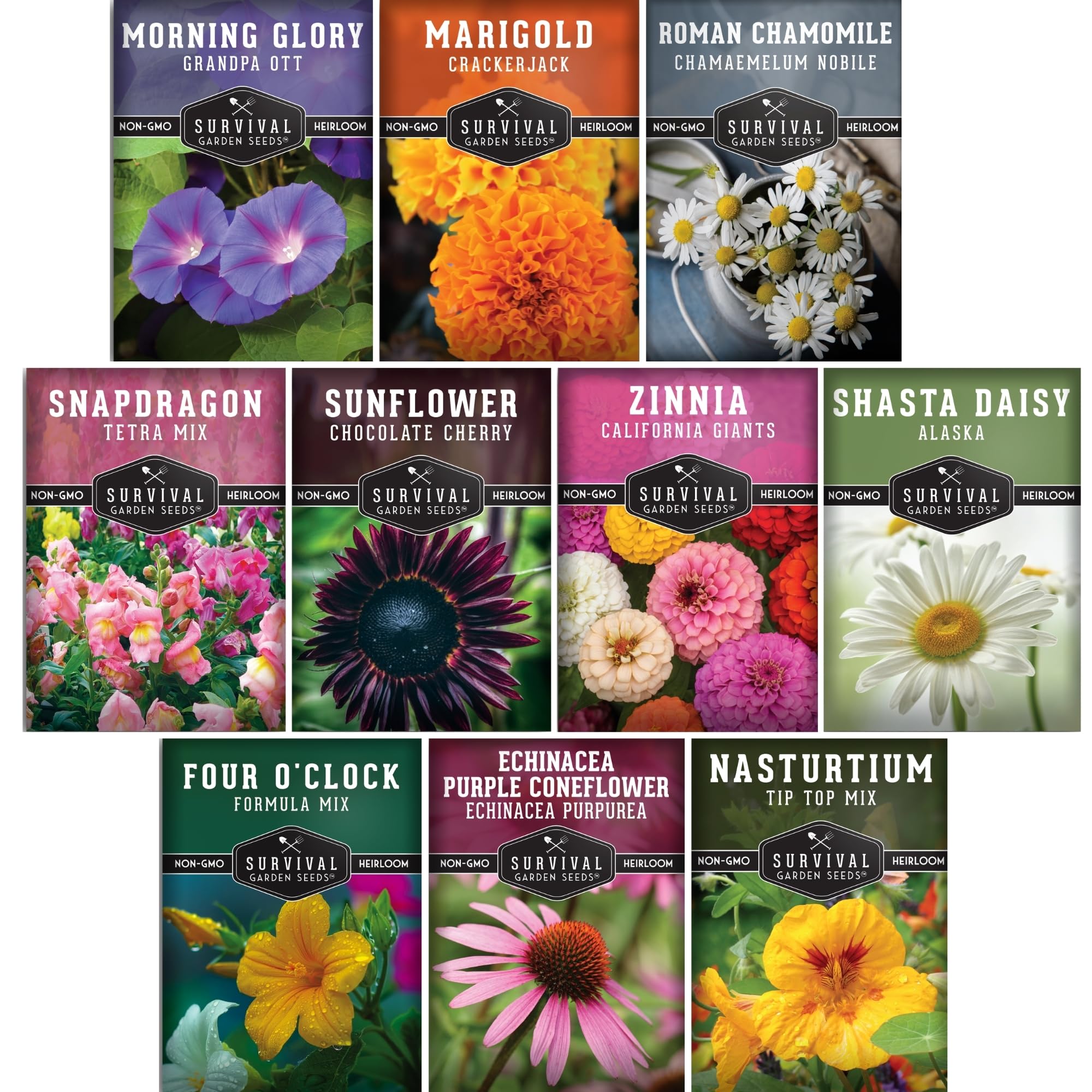 Survival Garden Seeds paquete frontal mostrando variedad de flores y facilidad de uso