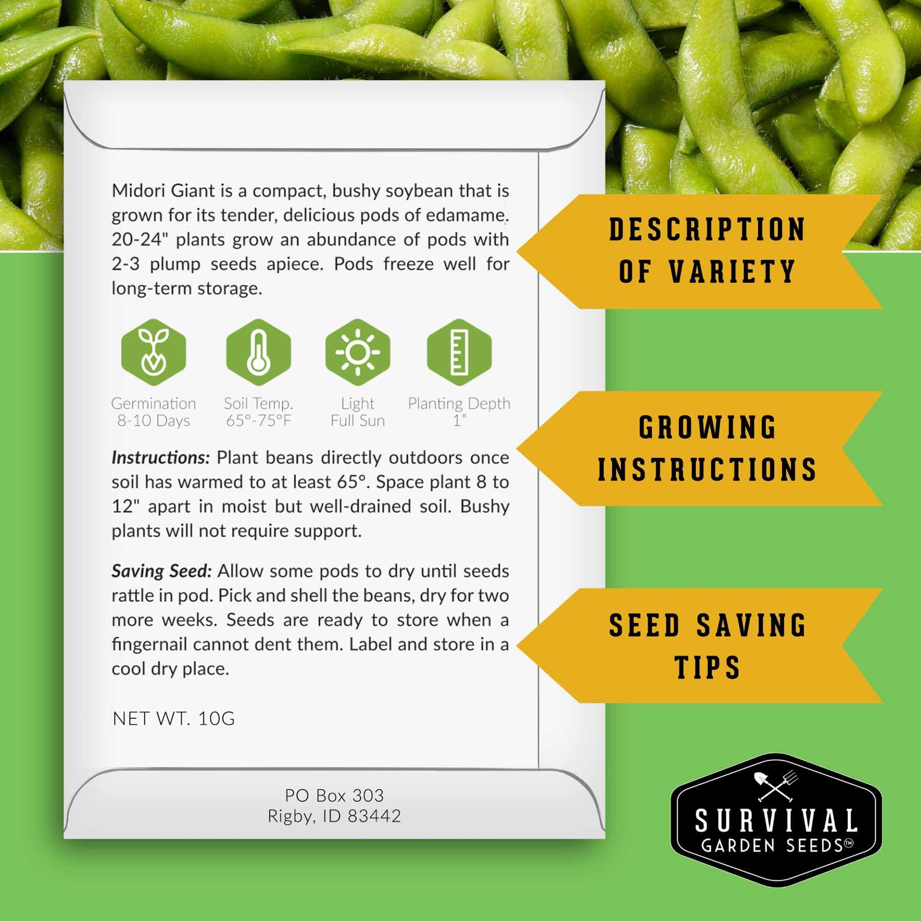 SURVIVAL GARDEN SEEDS vainas Midori Giant cerradas listas para cosechar beneficios