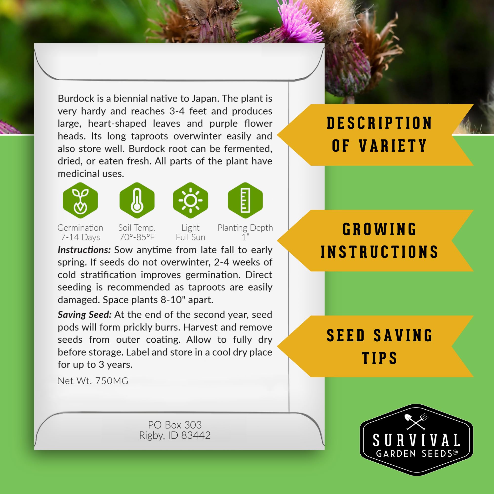 SURVIVAL GARDEN SEEDS sobre abierto con semillas visible para evaluar calidad y mezcla