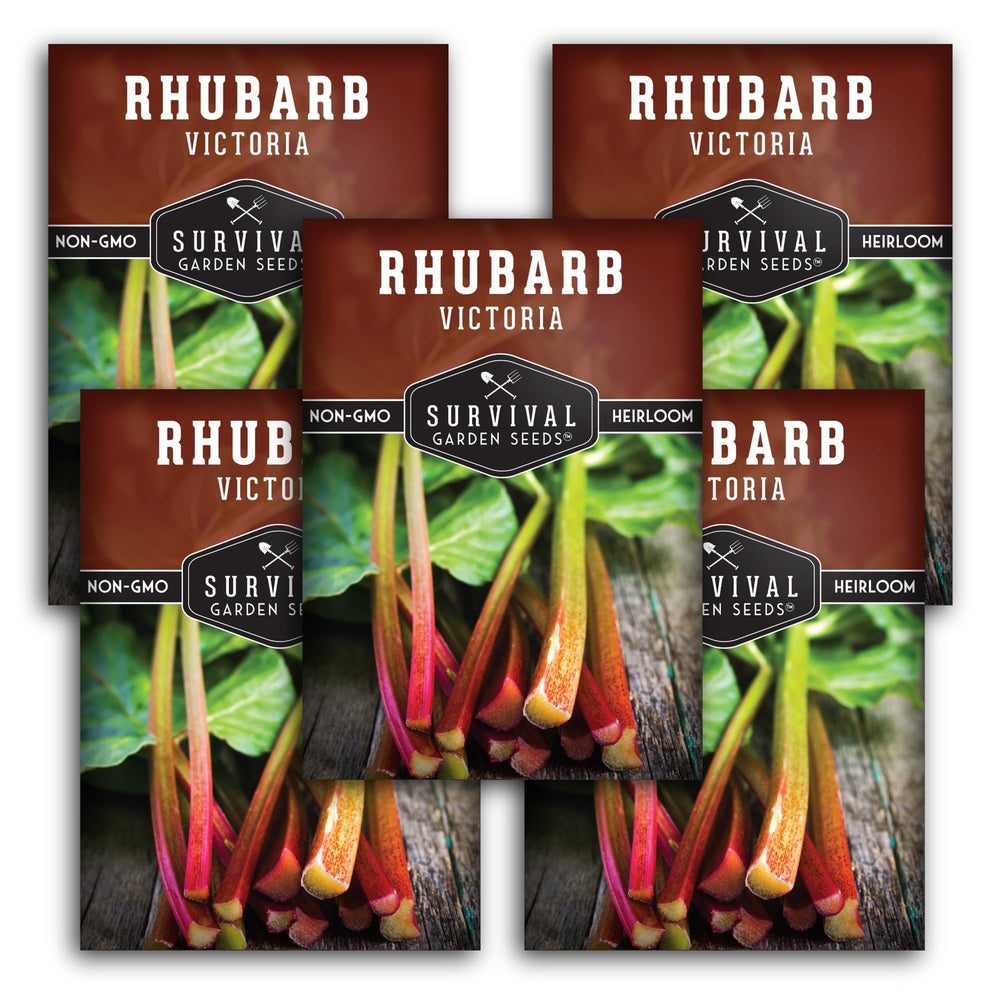 SURVIVAL GARDEN SEEDS paquete Victoria Rhubarb mostrando diseño y cantidad