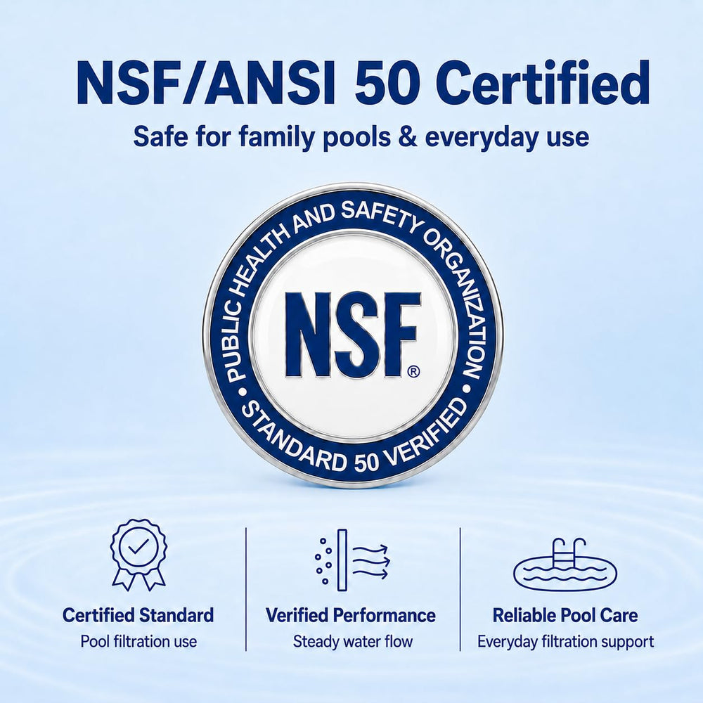 Swimara etiqueta NSF/ANSI 50 visible indicando certificación segura