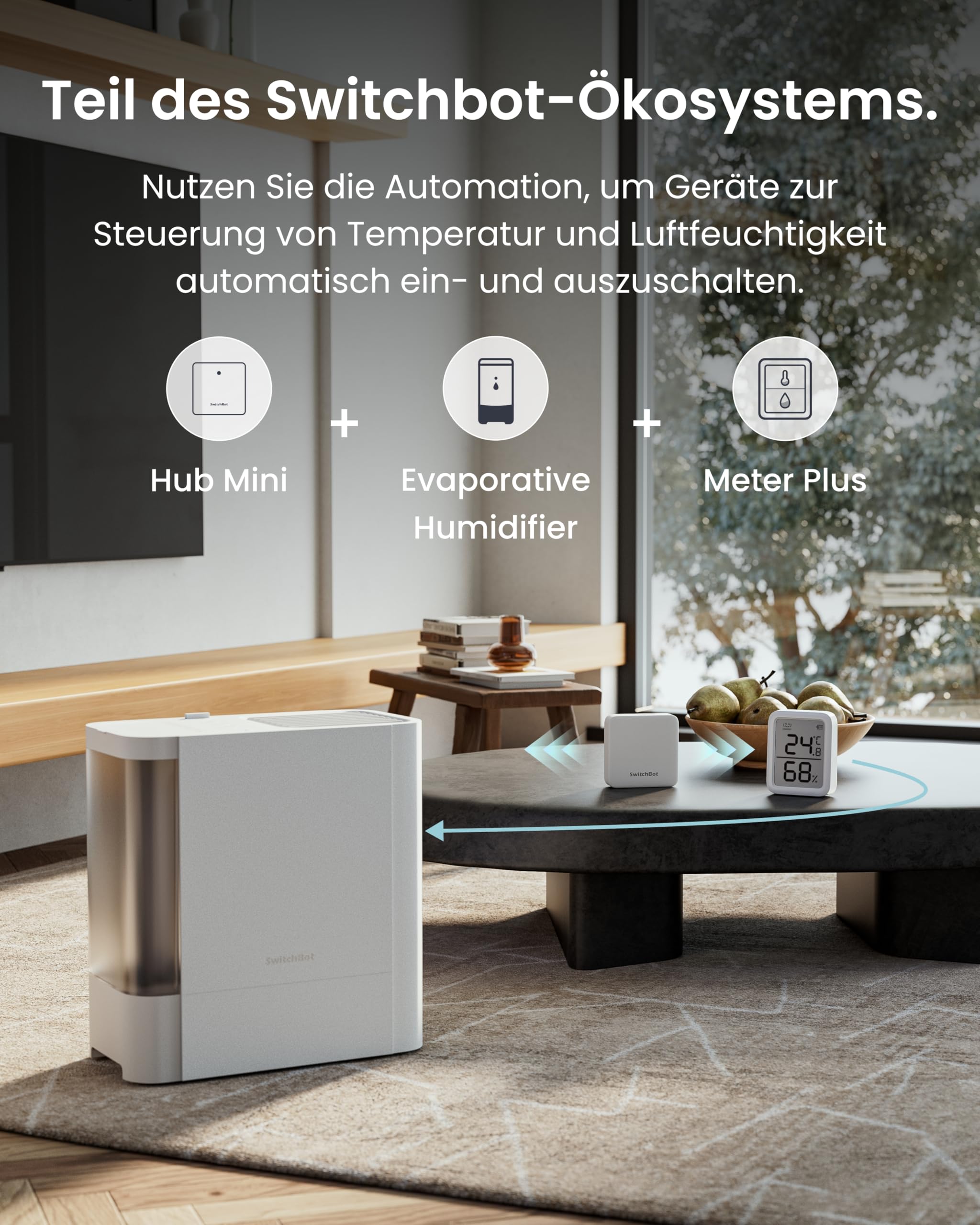 SwitchBot junto al Hub mini y app en smartphone mostrando notificaciones remotas