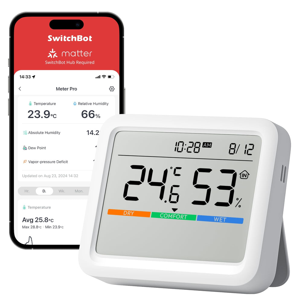 SwitchBot Meter Pro vista frontal con pantalla grande y lectura rápida