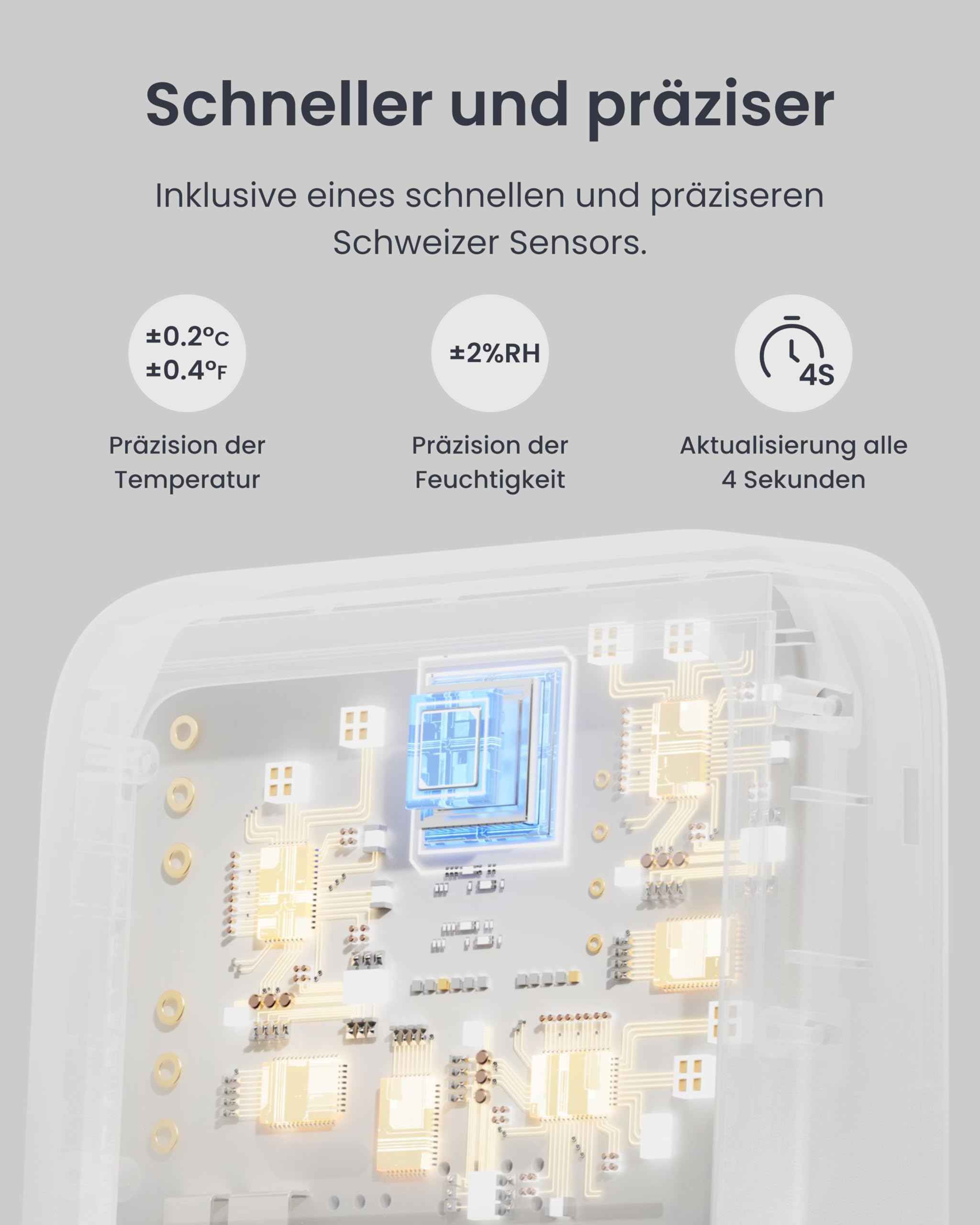 Primer plano del sensor suizo en SwitchBot que asegura mediciones estables y precisas