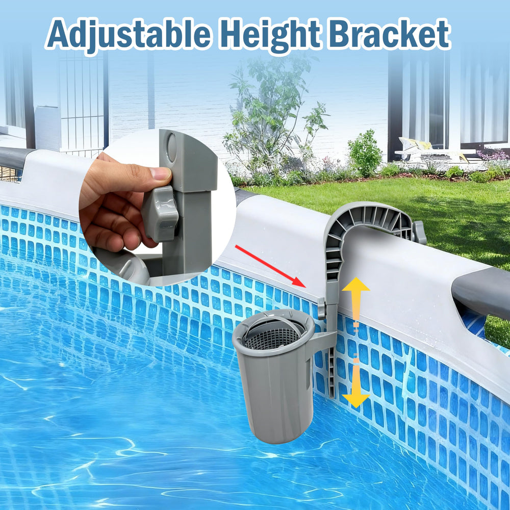 SYITCUN skimmer funcionando en piscina tubular limpiando la superficie mientras la familia nada