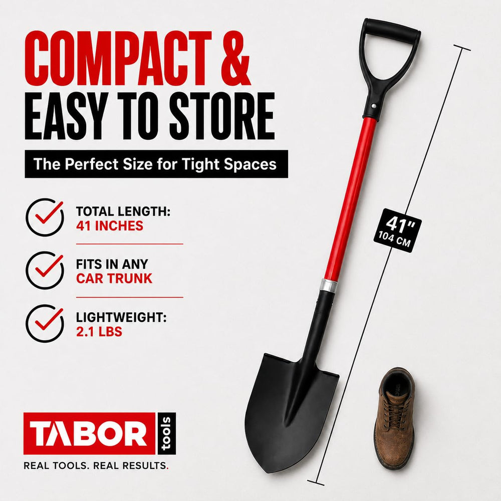 TABOR TOOLS comparación de tamaño junto a regadera para escala y manejo cómodo