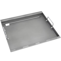 TAILGRILLER frontal de la plancha full size mostrando ajuste perfecto a Weber Spirit y beneficio de expansión de superficie