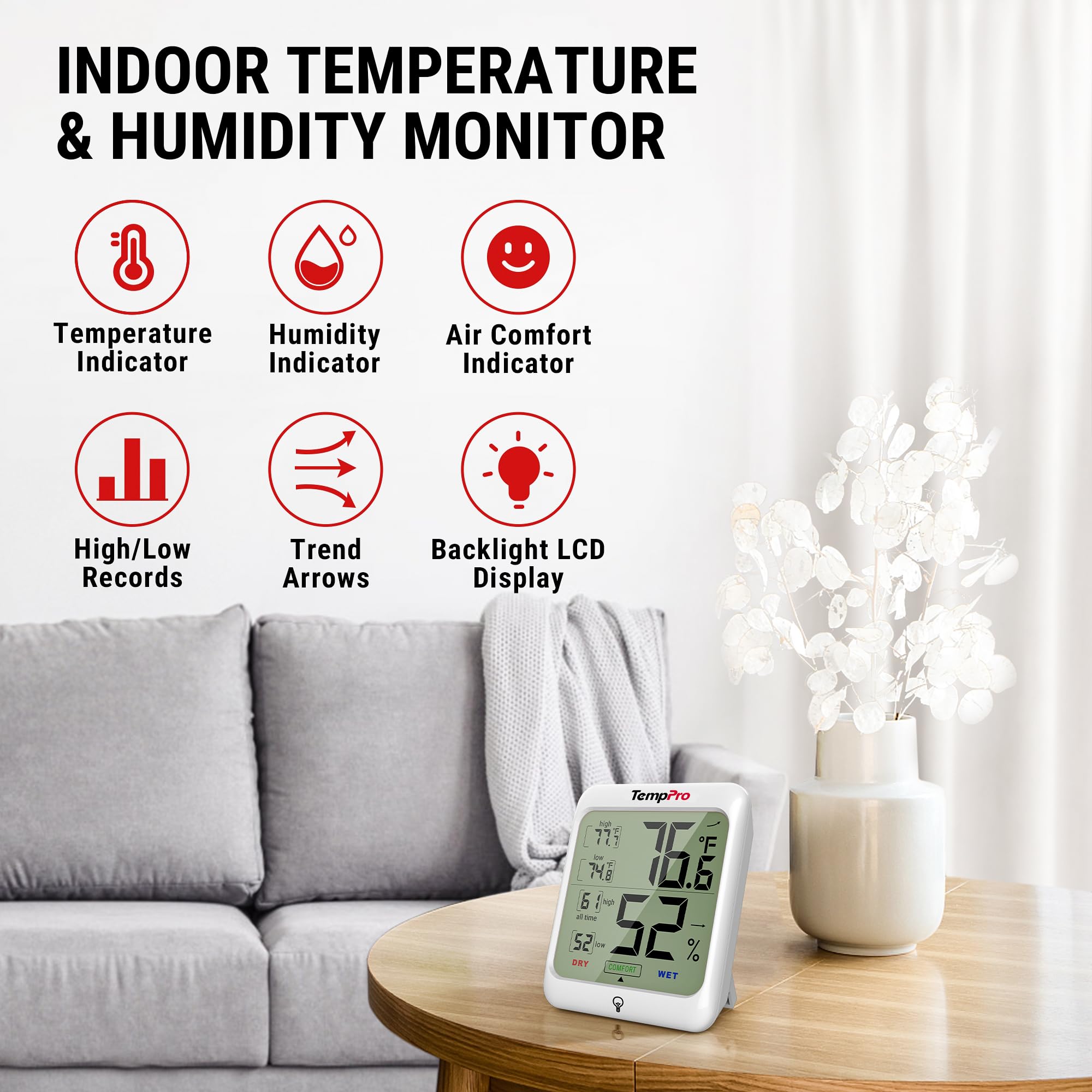 TempPro TempAir primer plano de pantalla mostrando temperatura y humedad