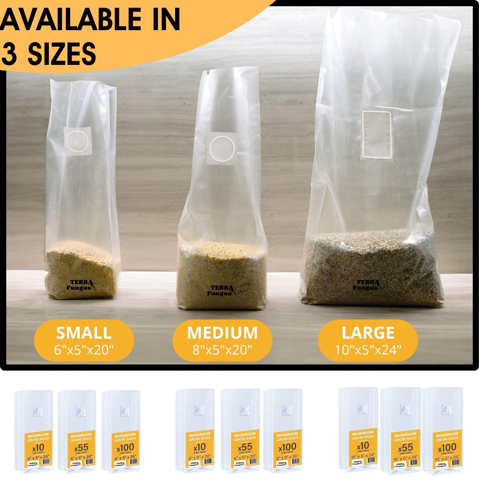 Terra Fungus bolsa junto a mano para comparar tamaño y manejo fácil