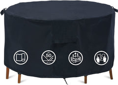TIFILE funda redonda frontal mostrando ajuste y cobertura completa para mesa patio
