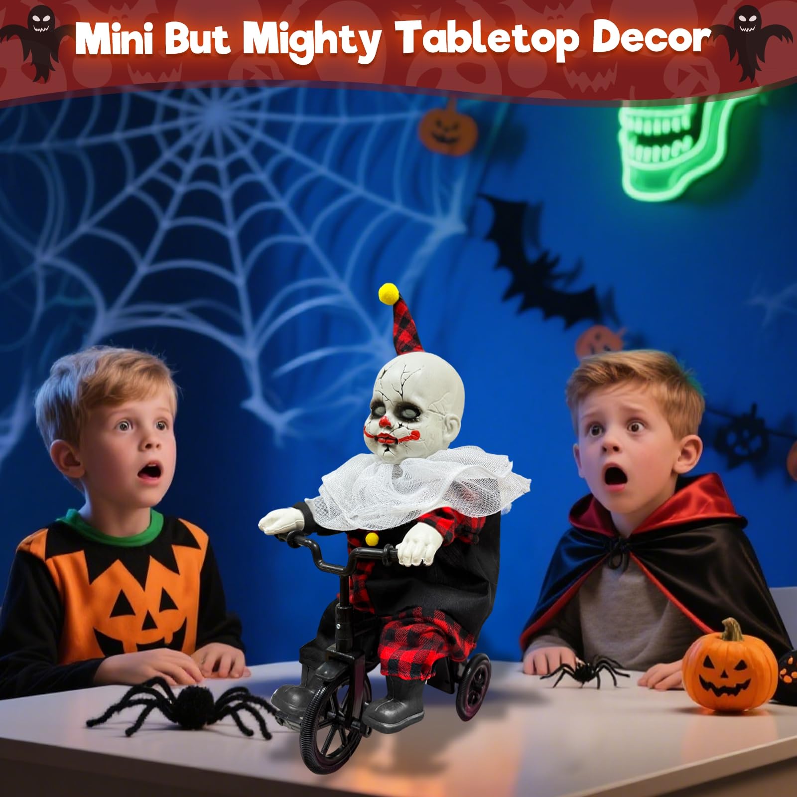 TURNMEON colocado en una entrada decorada creando ambiente festivo de Halloween