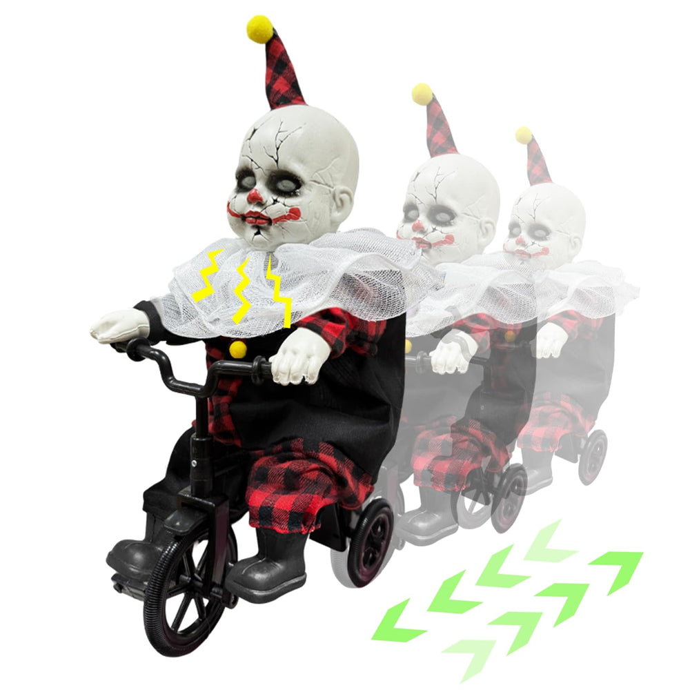 TURNMEON payaso en bicicleta frontal mostrando movimiento y impacto visual