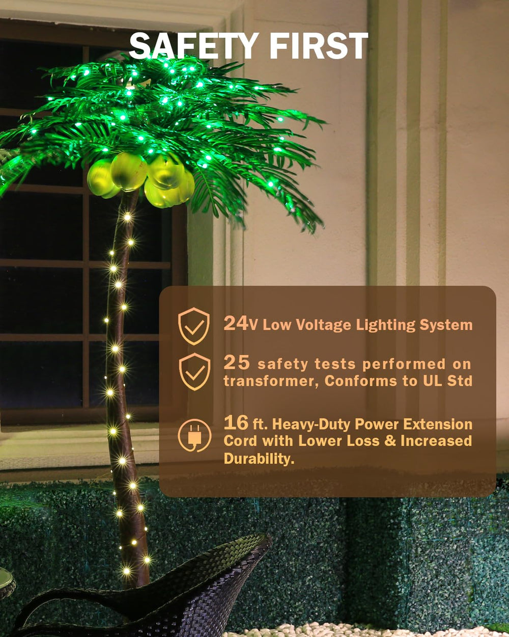 TYBEEU palmera instalada en patio nocturno aporta atmósfera acogedora