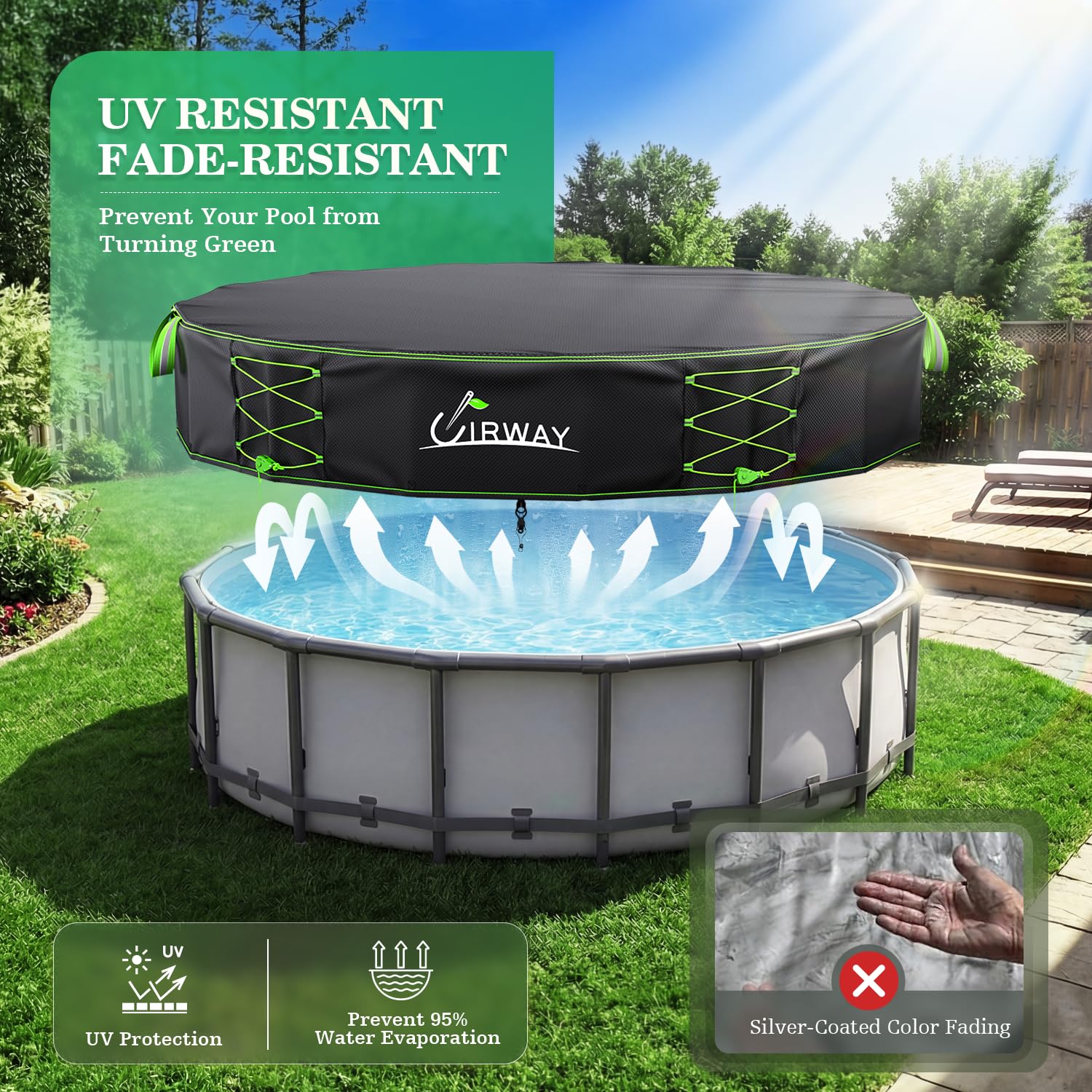Uirway cubierta instalada en piscina evidenciando ajuste antiviento
