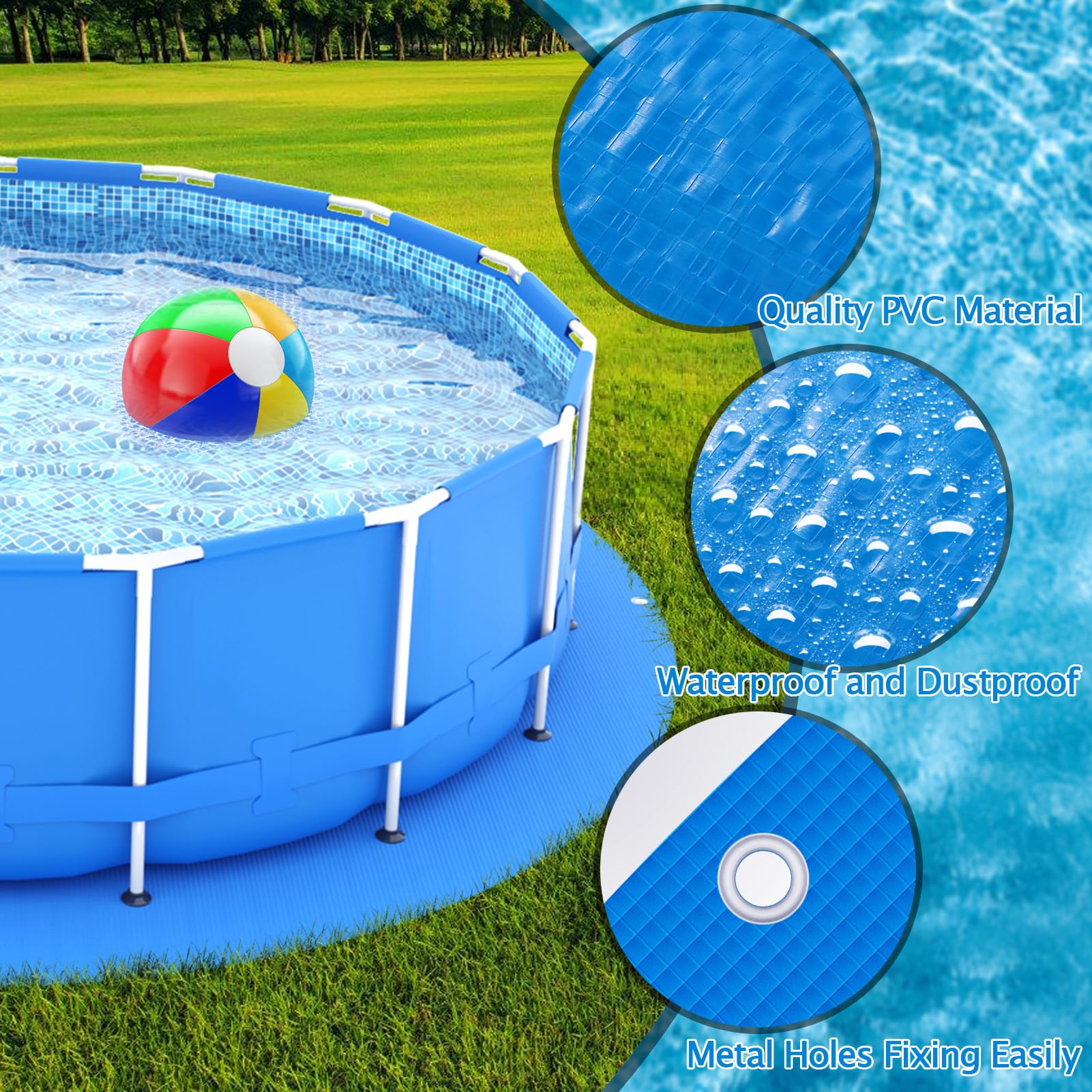 UJG tapiz colocado bajo piscina redonda ilustrando barrera protectora