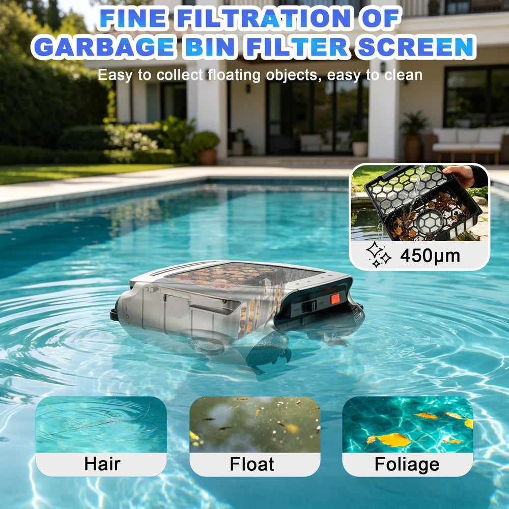 Uoark en acción sobre la superficie de una piscina eliminando residuos flotantes eficientemente