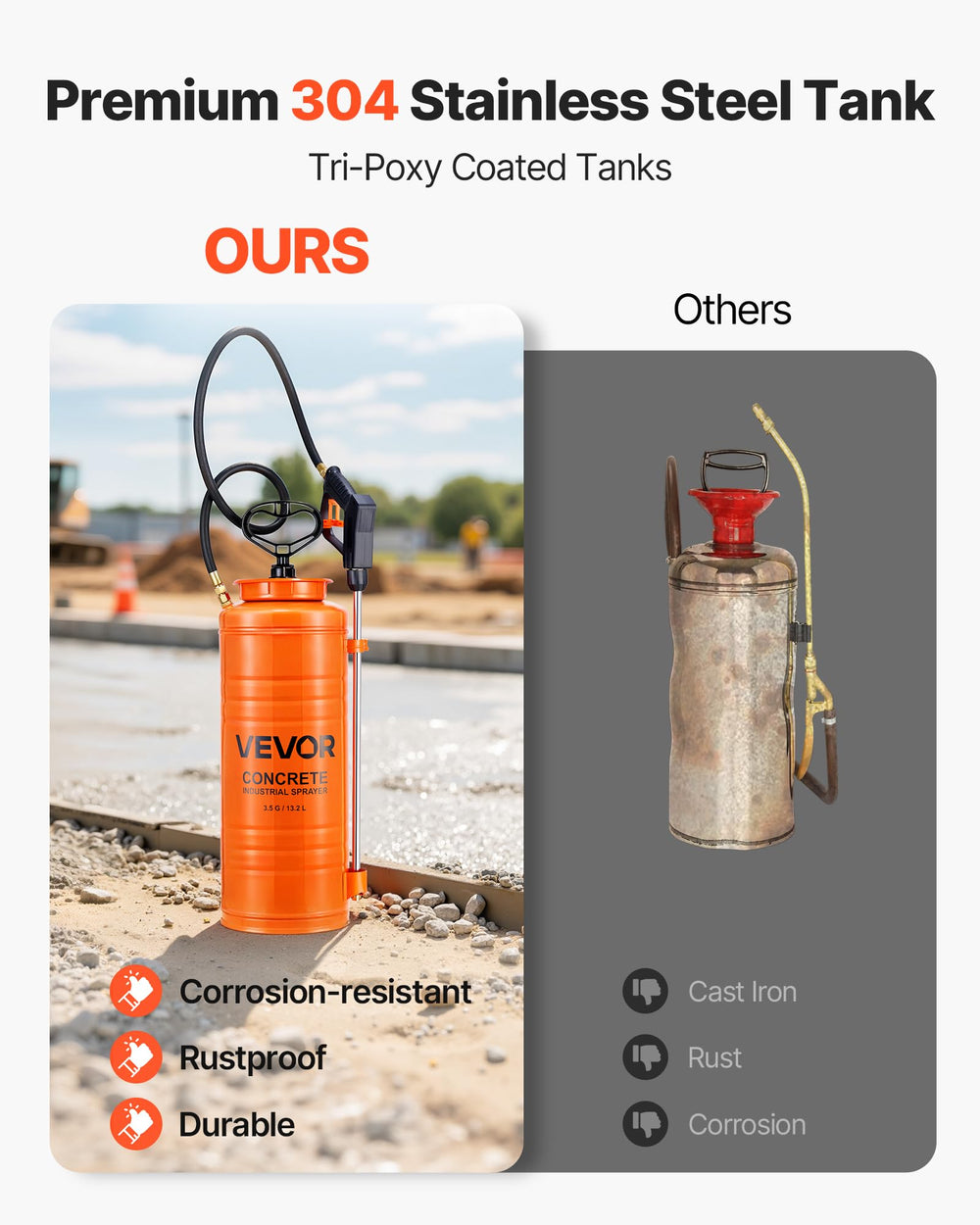 VEVOR detalle del tanque tri-poxy en acero inoxidable para durabilidad