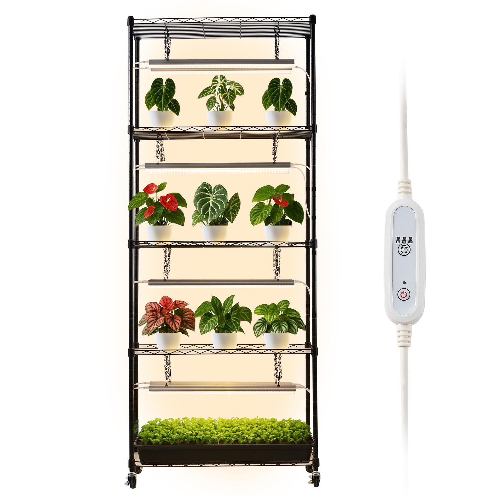 VEVOR estante frontal con luces mostrando plantas organizadas y ahorro de espacio