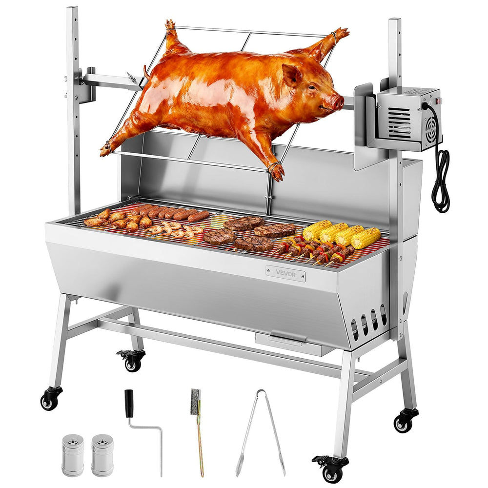 VEVOR vista frontal del kit rotisserie mostrando estructura completa y barra