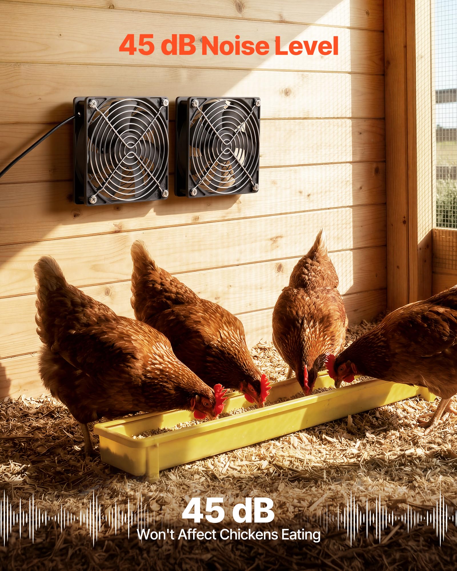 VEVOR ventilador instalado en gallinero reduciendo calor y humedad