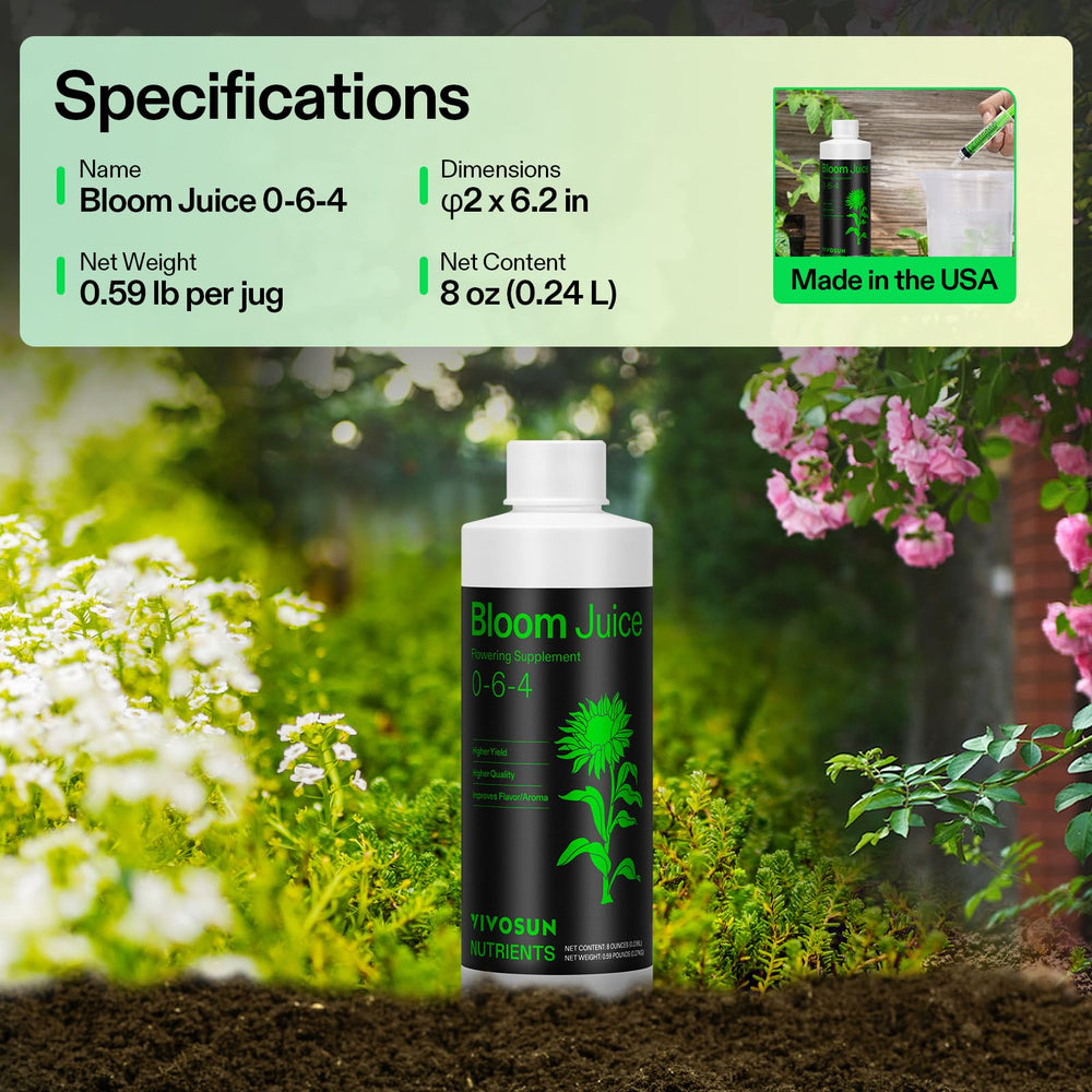 VIVOSUN Bloom Juice comparado con mano para referencia tamaño