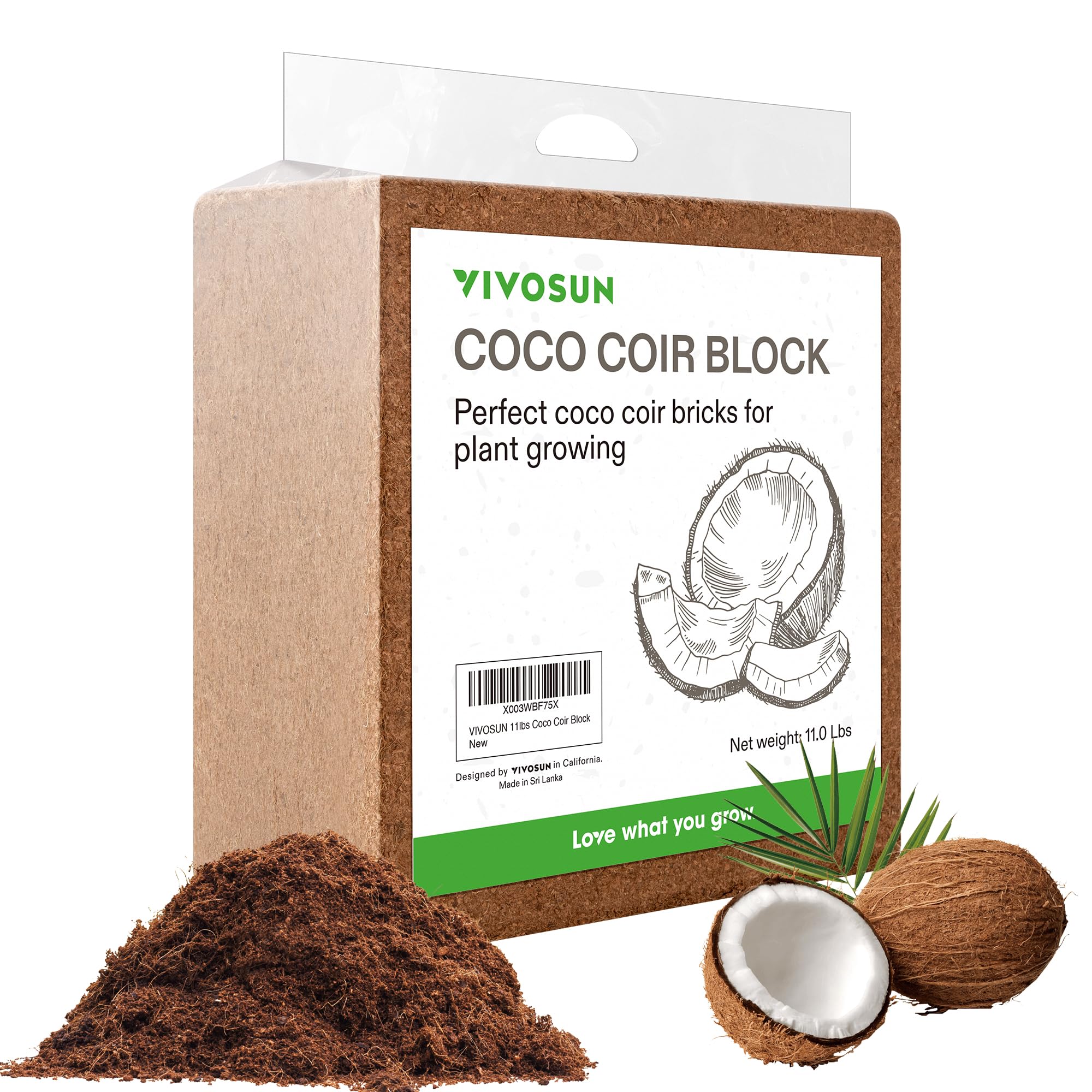 VIVOSUN empaque frontal del ladrillo de coco mostrando transporte fácil