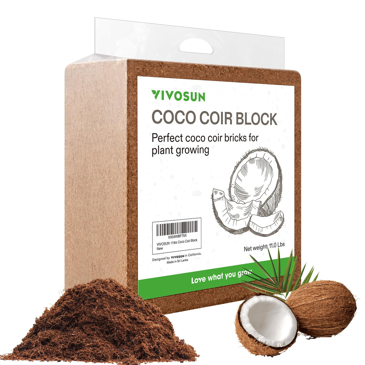 VIVOSUN empaque frontal del ladrillo de coco mostrando transporte fácil