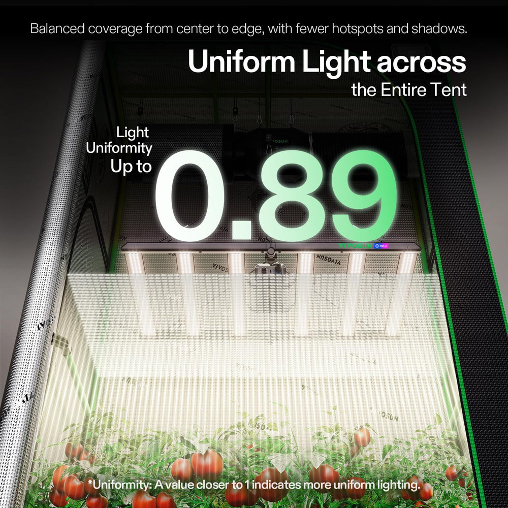 VIVOSUN LumaLight en carpa mostrando iluminación homogénea de cultivo