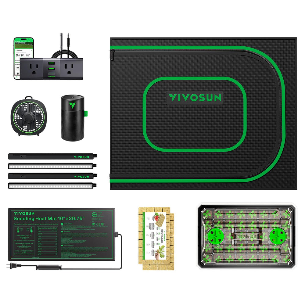 VIVOSUN tienda frontal montada mostrando kit completo y control fácil