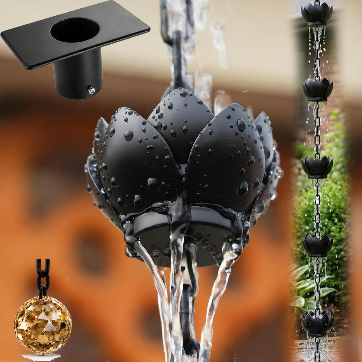 Wellrain vista frontal de la cadena de lluvia Black Lotus, aporta elegancia al hogar
