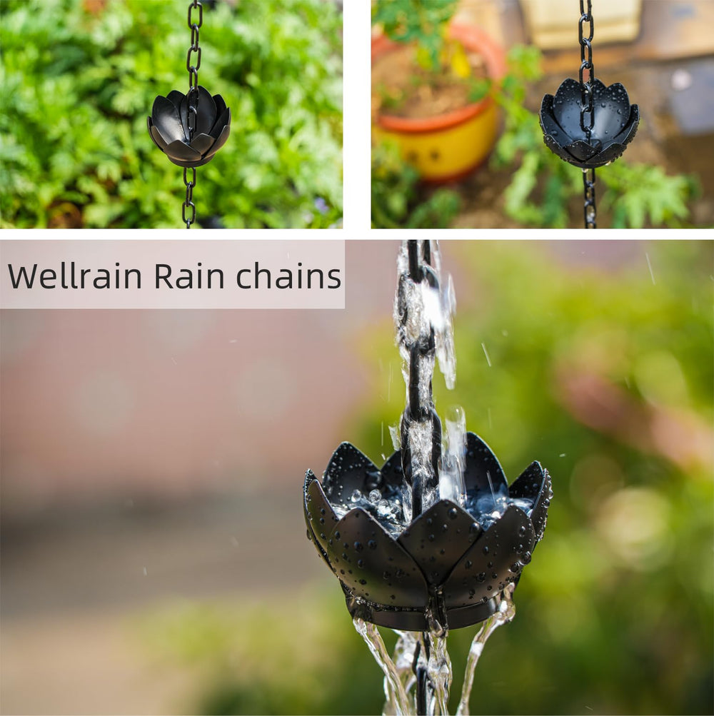 Wellrain cadena loto instalada guiando agua desde el canalón sin salpicaduras eficientemente