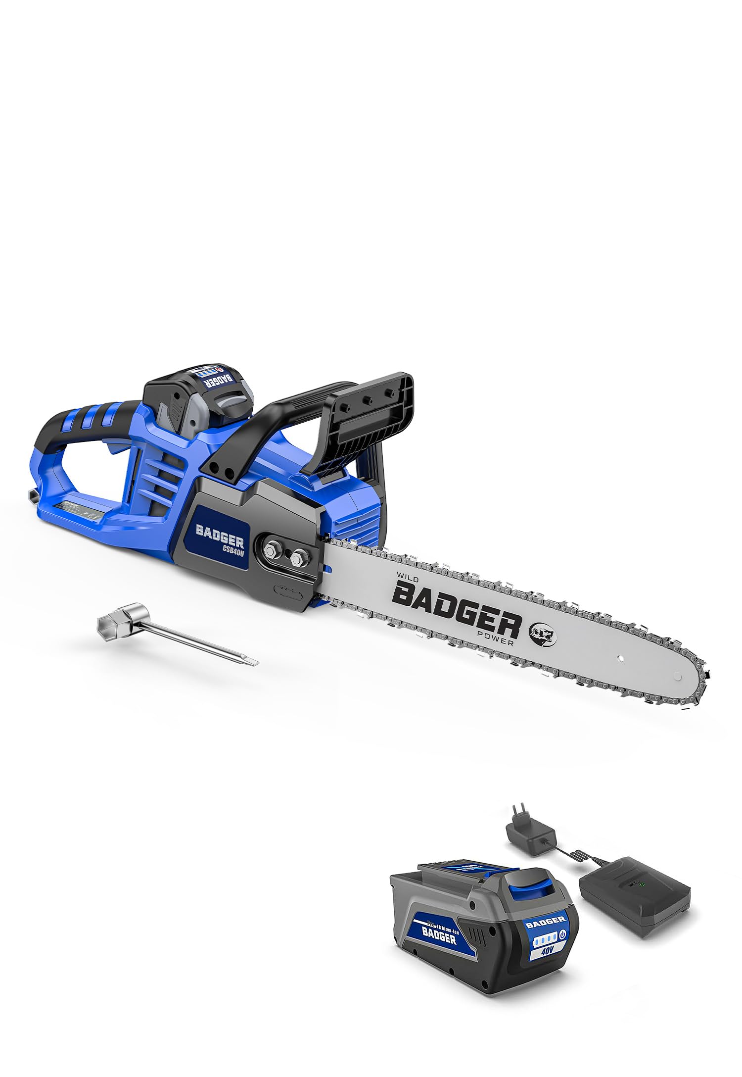 WILD BADGER POWER vista frontal de la motosierra, potencia y equilibrio