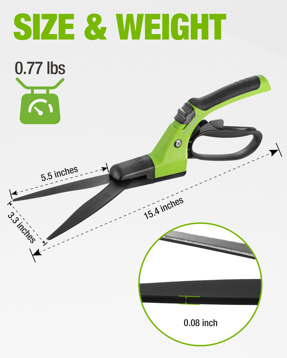 WORKPRO tijeras en uso recortando borde de césped con precisión