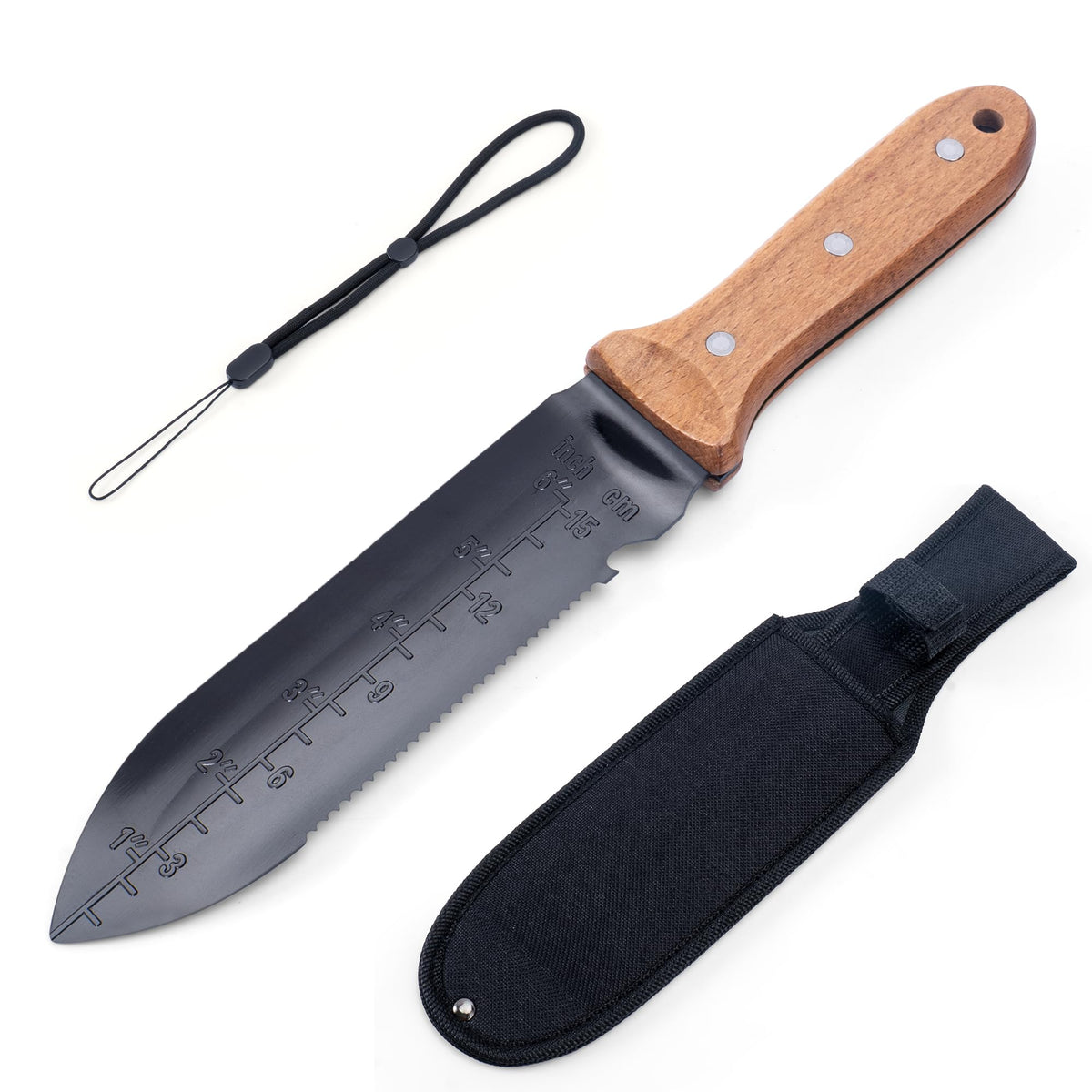 YANG cuchillo hori hori frente con funda mostrando transporte seguro