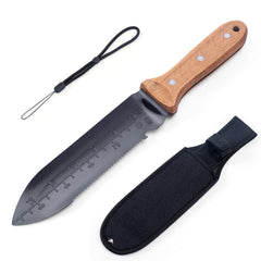 YANG cuchillo hori hori frente con funda mostrando transporte seguro