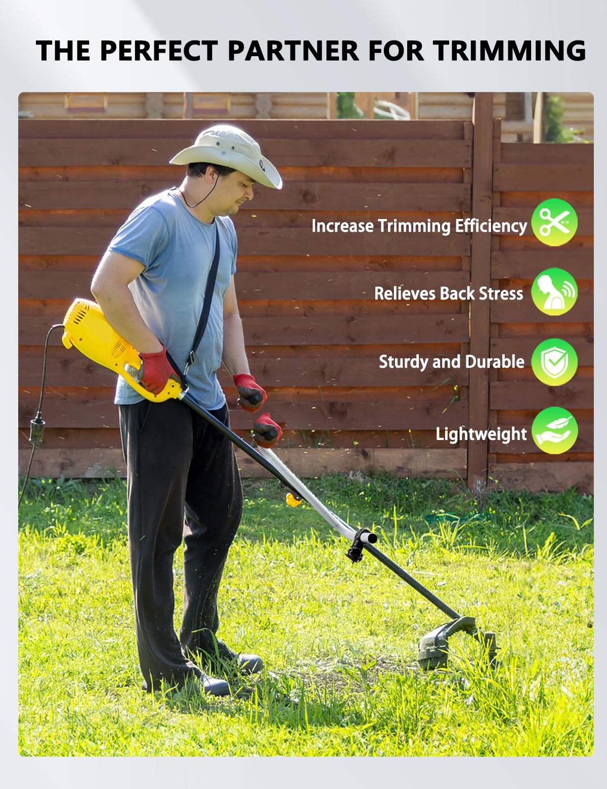 Yehenarn estilo de vida exterior con operador usando la desbrozadora ergonómica